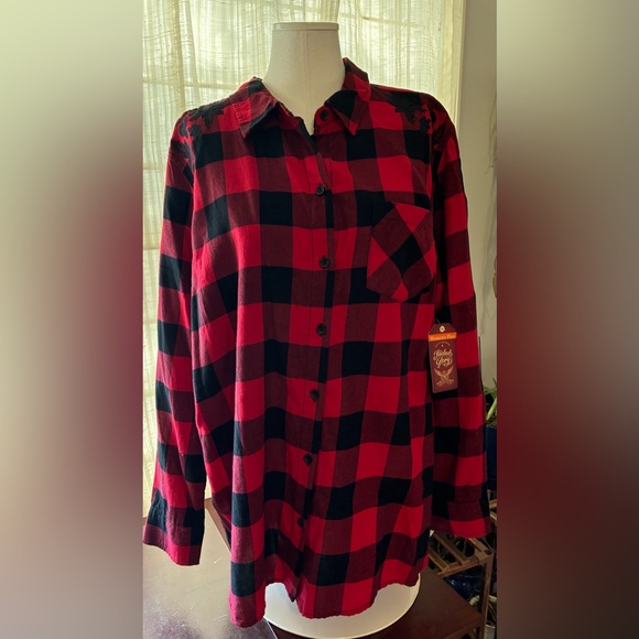 Faded Glory Tops - NWT Red & Black Plaid Flannel Shirt with Lace Appliqués Size 2X